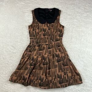 Yumi City Scape sleeveless brown and black a line dress, size med